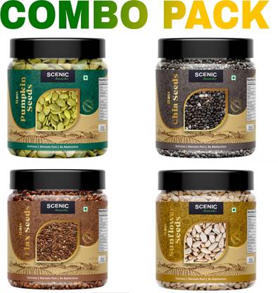 SCENIC Snacks Raw Edible Seeds Combo Pack|Seeds for Eating|Super Seeds Mix Combo(100 gm Each) Chia Seeds, Sunflower Seeds, Pumpkin Seeds, Brown Flax Seeds