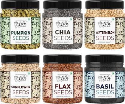 lila dry fruits Pumpkin, Sunflower, Chia, Flax, Watermelon & Basil Seeds 100 gms each Pumpkin Seeds, Sunflower Seeds, Chia Seeds, Brown Flax Seeds, Watermelon Seeds, Basil Seeds