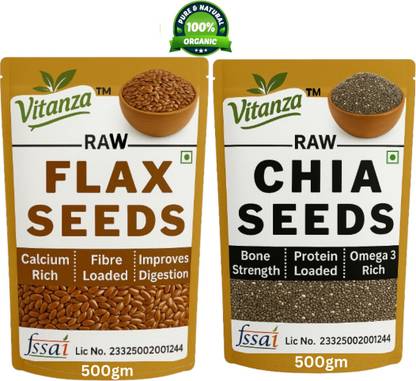 Vitanza (Combo of 2) Raw Flex Seeds 500gm & Chia Seeds 500gm [Best For Skin & Hair] Mixed Seeds