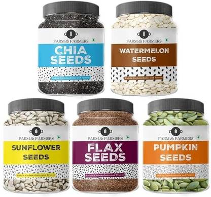 Farm & Farmers Combo of All Edible Seeds Pack- Raw Chia, Pumpkin, Sunflower, Flax, Watermelon Seeds 100GM Each Chia Seeds, Brown Flax Seeds, Pumpkin Seeds, Sunflower Seeds, Watermelon Seeds