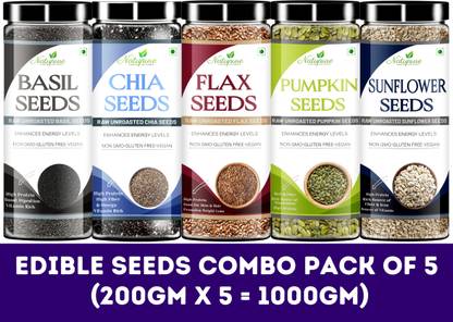 Natupure Raw Edible Seeds Value Combo Pack Basil Seeds, Chia Seeds, Brown Flax Seeds, Pumpkin Seeds, Sunflower Seeds