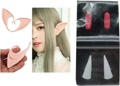 Brown Leaf Halloween Costume Accessories Pair of Elf Ears with Vampire Teeth Fangs Set Elders Halloween Costume