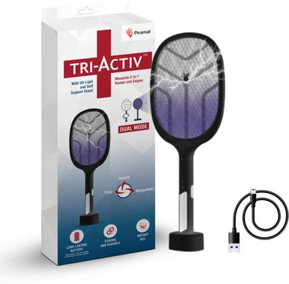 Tri-Activ Mosquito Racket 2-in-1 Rechargable Bat + Zapper by Piramal UV Light (Black) Electric Insect Killer Indoor, Outdoor