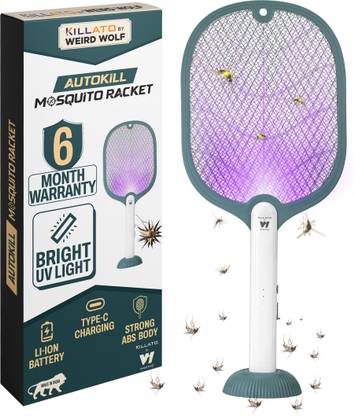 Killato by Weird Wolf 2 in 1 UV-Light Mosquito Racket Bat with Base Stand, Rechargeable Electric Insect Killer Indoor, Outdoor