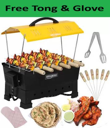 WELLBERG Yellow Hut Shape Electric & Non Electric (Charcoal) Barbeque grill & Tandoor 6 Wooden Handle skewers & Tong Electric Grill Electric Tandoor Electric Tandoor