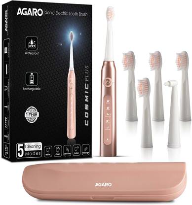 अगरो COSMIC PLUS Sonic Electric Tooth Brush For Adults with 5 Modes, 5 Brush Heads, 1 Interdental Head, Carry Case & Rechargeable with 4 Hours Charge Lasting Up to 25 Days, Power Toothbrush इलेक्ट्रिक टूथब्रश