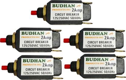 BUDHAN PRODUCTS INC 5 Pieces of 2 Amps Mini Circuit Breaker | Thermal Overload Protector AC 125/250V 2A Push Button Reset | 2Amp Load Switch, PCB Mount MCB