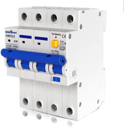 amiciSmart Protection, Shock-Proof Circuit Breaker 3-Phase Switchable Leakage Protector with Overcurrent and Short-Circuit MCB