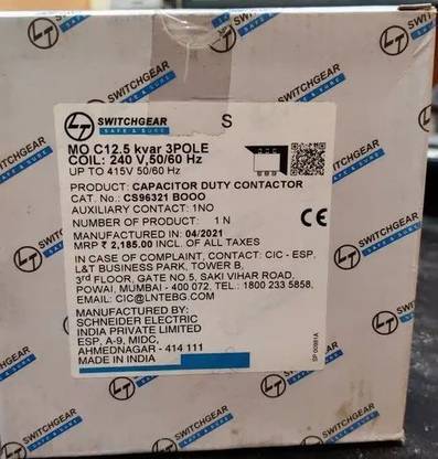 L&T SWITCHGEAR MOC12.5 capacitor duty contactor 50 hz cat no CS 963221B000 MOC12.5 CONTACTOR MCB