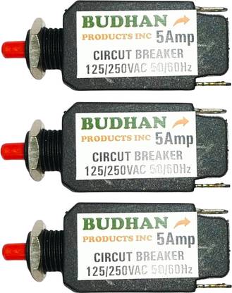BUDHAN PRODUCTS INC 3 No's of 5 Amps Vertical Mini Circuit Breaker | Thermal Overload Protector AC 125/250V 5A Push Button Reset | 5Amp Load Switch, PCB Mount MCB