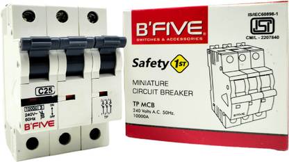 b'five Safety 1st Miniature circuit Breaker MCB Triple Pole PVC Plastic 3 pole TP 25A. C-Curve 10 KA Triple 3 Pole (TP) ISI Marked BSF-407_25A.TP_MCB_E MCB