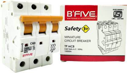 b'five Safety 1st Miniature circuit Breaker MCB Triple Pole PVC Plastic 3 pole TP 63A. C-Curve 10 KA Triple 3 Pole (TP) ISI Marked BSF-409_63A.TP_MCB_G MCB