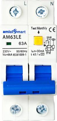 amiciSmart 63A RCBO, 220V Residual Current Circuit Breaker with Over Current Short-Circuit and Leakage Protection MCB