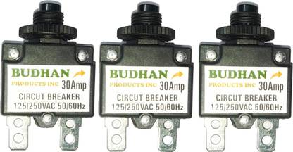 BUDHAN PRODUCTS INC 3 No's of 30 Amps Mini Circuit Breaker | Thermal Overload Protector AC 125/250V 30A Push Button Reset | 30Amp Load Switch, PCB Mount MCB