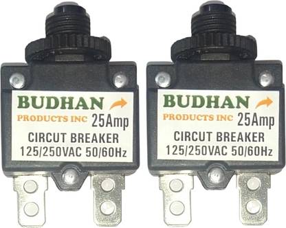 BUDHAN PRODUCTS INC 2 Pieces of 25 Amps Mini Circuit Breaker | Thermal Overload Protector AC 125/250V 25A Push Button Reset | 25Amp Load Switch, PCB Mount MCB