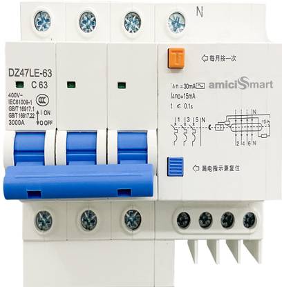 amiciSmart RCCBO 63A 3-Phase Circuit Breaker with Leakage Protection and Din Rail Mount AS_DZ47LE-63 MCB
