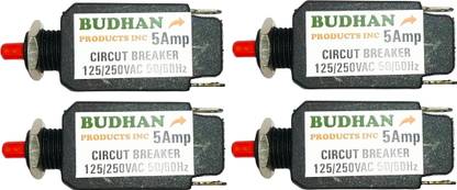 BUDHAN PRODUCTS INC 4 Pcs of 5 Amps Mini CIRCUIT BREAKER | Thermal Overload Protector AC 125/250V 5A Push Button Reset | 5Amp Load Switch, PCB Mount MCB