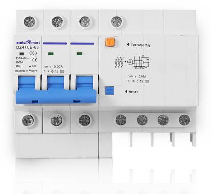 amiciSmart RCCBO 63A 3-Phase Circuit Breaker with Leakage Protection and Din Rail Mount AS_DZ47LE-63 MCB