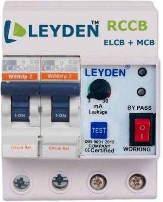 Leyden LSM32 ELCB+MCB Single Phase 2 pole ELCB + RCCB + ISI Marked MCB 32 A with high voltage protection, Overload Protection, Adjustable Leakage current 3 to 30 mA (Shock Guard) Modular MCB MCB