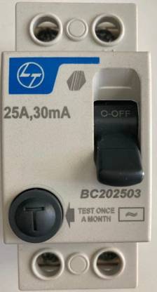 L&T India Earth Leakage Circuit Breakers, 25A 30mA, 2 Pole ELCB with ISI Marked (BC202503, White) MCB