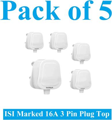 Sauran Pack of 5 16A Heavy Brass 3 Pin Top Electric Plug ESP51 Heat Resistive Three Pin Plug