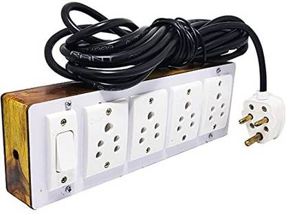 Ramview Wooden Extension Board WITH 4 SOCKET + 1 SWITCH WITH 5 METER WIRE Wooden Three Pin Plug