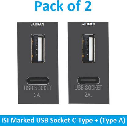 Sauran Pack of 2 USB Socket C-Type + (Type A) EAP75.1 2 A Two Pin Socket