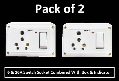 Sauran Pack of 2 6 & 16A Switch Socket Combined With Box & Indicator (EAP140.1) 16 A Six Pin Socket