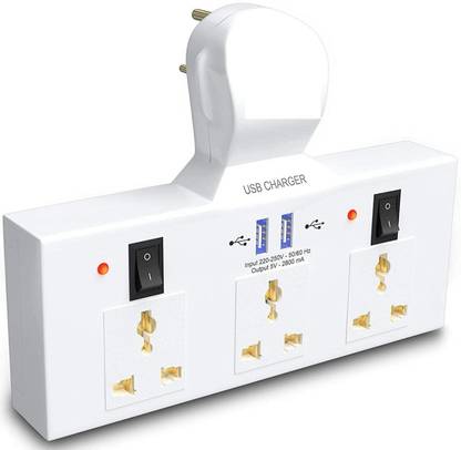 SVULINT Extension Board with USB- Plug Socket with Individual Switch-3 Sockets + 2 USB 3  Socket Extension Boards