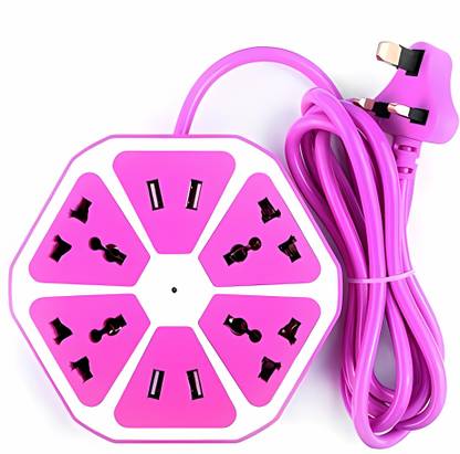 Vedara ® 4 Way USB Hexagon Extension Board 1.8M 4 Sockets + 4 USB Ports (Pink) 10 A Three Pin Socket