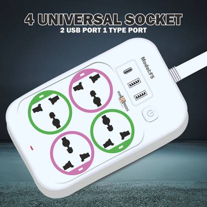 Make Ur Wish Extension Cord/Board/Power Strip 4 Socket with 2 USB + 1 C Type Charging Ports 10 A Three Pin Socket