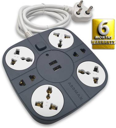 Addmax USB Extension Cord – 6 socket Outlet with 2 USB Port Multi Plug Extension Board 6  Socket Extension Boards