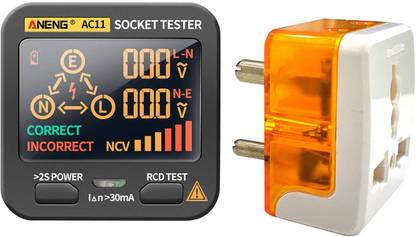 amiciSense RCD Socket Tester, Large LCD with Live Voltage and Leakage Voltage Display, Automatic Earth Neutral Line Wire Check Wall Plug Voltage and Leakage Tester 6 A Three Pin Socket