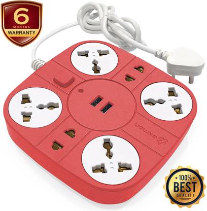 Axmon Extension Cord with 2 USB Charging Ports and 6 Socket - 10 Amp Heavy Duty Multiplug Extension Board for Multiple Devices Smartphone Tablet Laptop Computer - Red 10 A Six Pin Socket