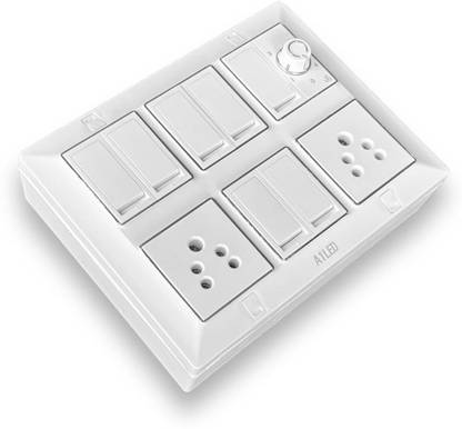 REGOLITH ENTERPRISES 12 Modular Gang Box with 7 Flat Switches 2 Sockets and 1 Fan Regulator 16 A One Way Electrical Switch