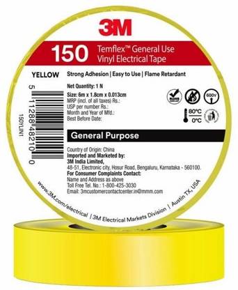 3M Vinyl Tape Temflex 150 Vinyl Electrical Tape (18mm X 6M, 10 Rolls/Pack, Yellow)