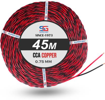 SUPER GEC 0.75mm CCA Copper Dual Core Flexible Electric Wire | 1100V FR PVC Insulated 0.75 sq/mm Red, Black 45 m Wire