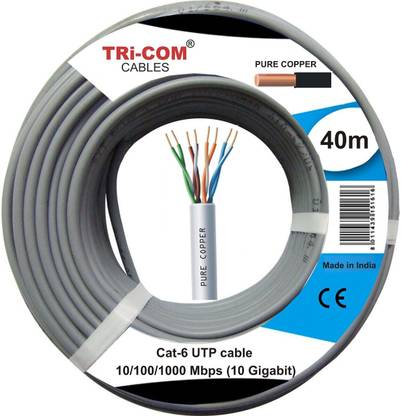 TRICOM Copper 650MHz PoE++ RJ45 UTP Cat-6/Fluke Tested /10/100/1000 Mbps (10 Gigabit) 1 sq/mm Grey 40 m Wire
