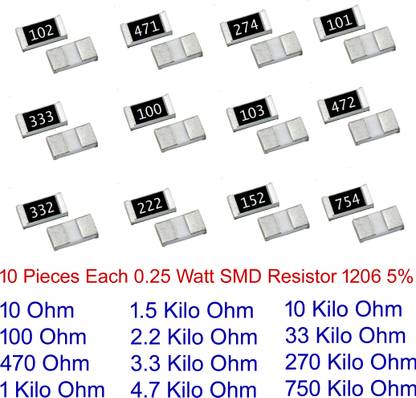 Steko {120 Pieces} Most Commonly Used Resistor1/4w (0.25 W) 5% Tolerance SMD Chip 1206 Electronic Components Electronic Hobby Kit