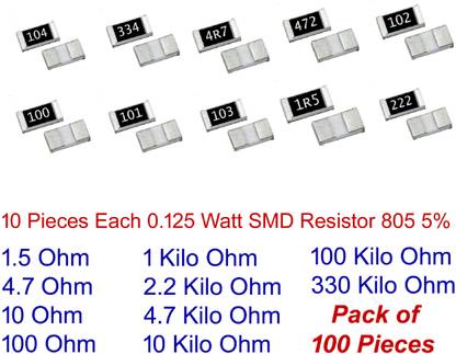 Steko 100 Pieces Most Commonly Used Resistor 1/8 W (0.25 W) 5% Tolerance SMD Chip 805 Fixed Resistor