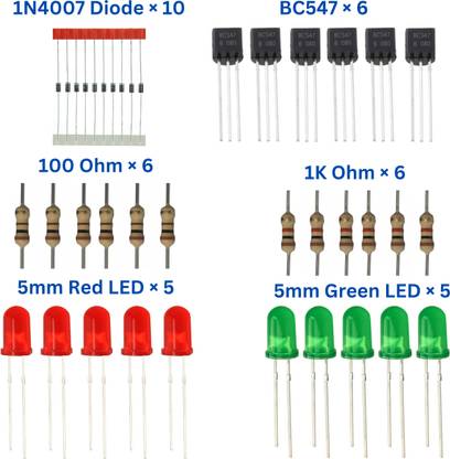 Charohm Combo 6xBC547 Transistor, 10xDiode, 6x1K & 6x100 ohm Resistor, 10xGreen/Red led Electronic Components Electronic Hobby Kit