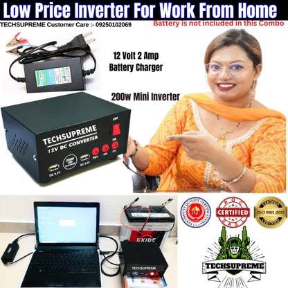 TechSupreme 12V 200Wt DC to AC Converter& 12V 2Amp Battery Charger Automotive A3 88 Ah Battery for Car & Bike