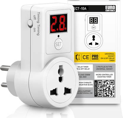 EURO ECT10A Socket Type 10 A On or Off Delay Timer - Universal Socket - 3 Pin 220V AC Programmable Electronic Timer Switch