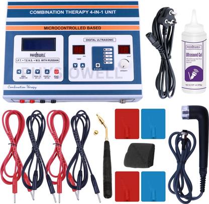 Physiowell 4 In 1 Combination Physiotherapy Equipment IFT US MS Tens Ultrasound Therapy Machine Tens Machine Interferential Muscle Stimulator Pain Relief Management Electrotherapy Device