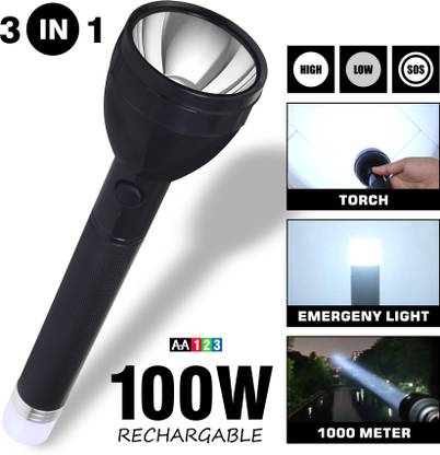 VR Bright Lite 100W Rechargeable Torch 2 in 1 Flashlight, Backlight with Blinker Function_R1702 Torch