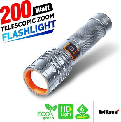 Trillsun Metal Body Zoomable torch 2 Km Long Range 5 Mode with SOS Blinker 5 hrs Torch Emergency Light