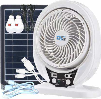 Daily Needs Shop Solar Chargeable Table Fan 180° Rotate 4500 mAh Battery 2 LED Bulb + 1 USB Port with 1 Year Warranty Energy Saving 300 mm Table Fan