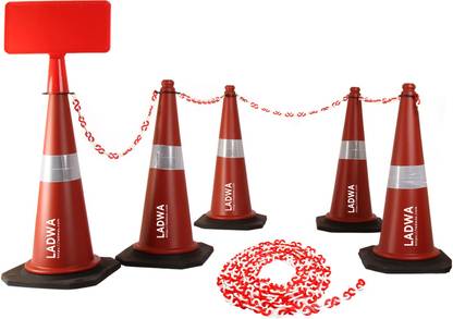 Ladwa 750mm 5 Traffic Safety Cones + 5 mtr chain + 5 Hooks & 1 Sign Plate Emergency Sign