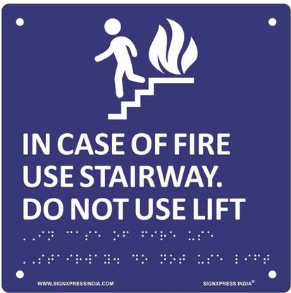 Signxpress In case of fire use stairway do you not use lift Braille Signage Emergency Emergency Sign