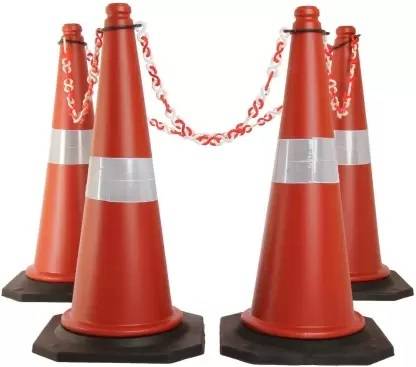 NILE Road Traffic Cone, Pack of 4 cones 750mm, with 4 mtr chain + 4 hooks, Emergency Sign